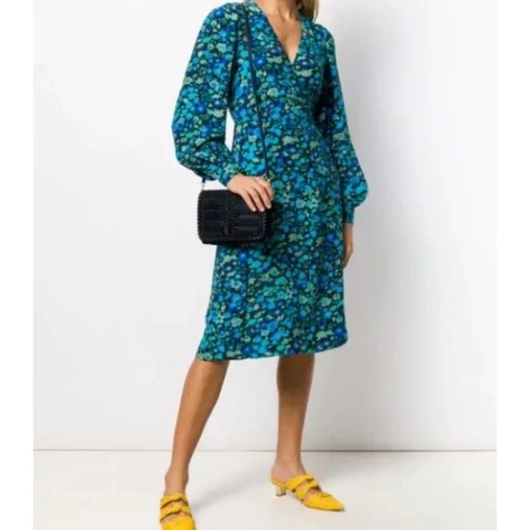 Ganni Women's Floral Silk Blend Wrap Dress - Azure Blue - Size 4 Ganni Women's Floral Silk Blend Wrap Dress - Azure Blue - Size 4